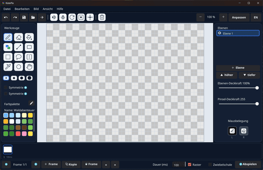 KistePix beim Malen — animierte Vorschau des Pixel-Editors mit Ebenen und Palette